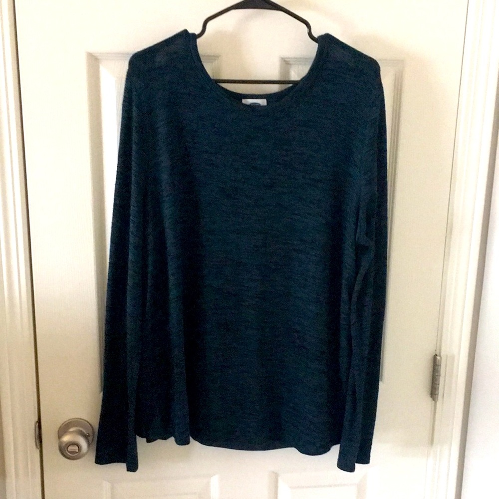 Blue long sleeve tee with sheer lower back